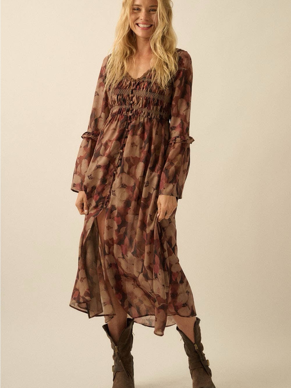 Floral-Print Bell-Sleeve Smocked Midi Dress | Promesa
